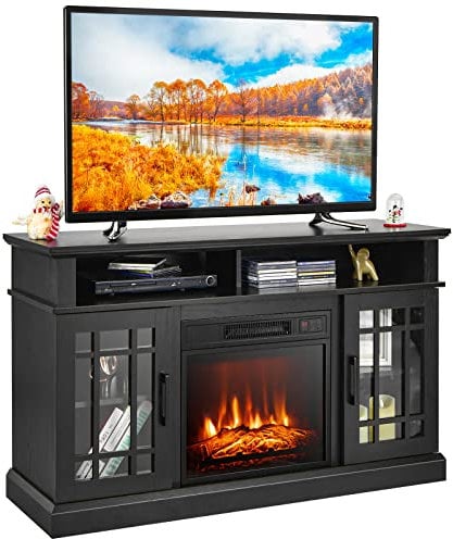 COSTWAY Electric Fireplace Insert TV Stand, Entertainment Center Console Table with 3-level Flame Overheat Protection Fireplace Heater & Remote Control (Black, 18” Fireplace,121x40x74cm for 55” TV)
