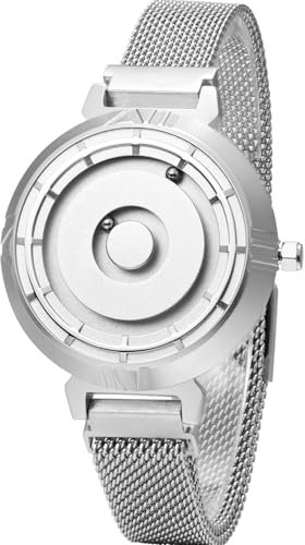 EUTOUR Montre Femme Luxe Élégante Minimaliste Magnétique Pas de Verre Roulement à Billes Quartz Montres Bracelet pour Femmes avec Bracelet en Acier Inoxydable Argent