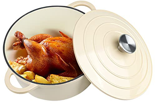 Miereirl Faitout avec couvercle en fonte émaillée avec deux poignées pour la cuisson du pain, ustensiles de cuisine antiadhésifs (beige)