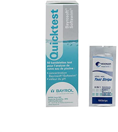BAYROL BAYROSOFT QUICKTEST pH / O2 – Tester für pH und Aktivsauerstoff | Wasseranalysestreifen + 10 HPS-Tests gratis 6 in 1