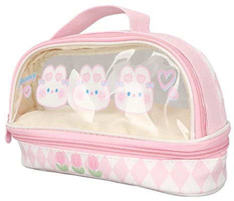 Federmäppchen für Mädchen, Süßes Häschen Federmäppchen Kawaii ästhetisch Niedliches Federmäppchen Tasche Doppellagig Wasserdicht Transparent Kawaii Federmäppchen Rosa