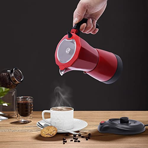 EurHomePlus 300ML 480W Aluminium Elektrischer Espresso-Kocher Moka-Töpfe mit Basis 6 Espressotassen für Familien, Versammlungen, Cafés usw. (rot)