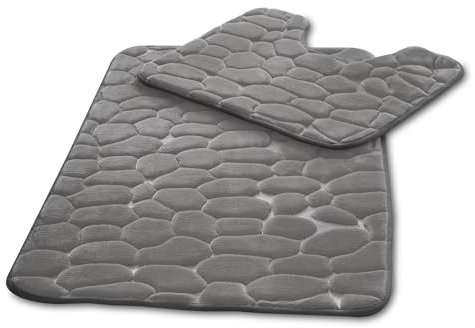 VELVETIO Pebbles Stone Bath Mat & Pedestal Set for Bathroom, Water Absorbent Non Slip 2 Piece Toilet Mats, Extra Soft Shower & Bathtub Rug, (50x80, 50x40 cm), Charcoal