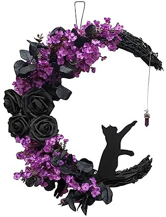Halloween Wreaths for Front Door Halloween Moon Wreath with Black Cat and Rose Grapevine Garland Cat Door Wreath Gothic Decorations for Home Party Window Wall Indoor Outdoor 13.77 (Purple)
