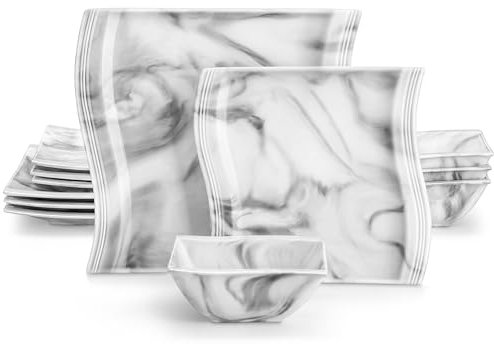 MALACASA Dinnerware Sets, 12-Piece Porcelain Plates and Bowls Sets, Square Dinnerware Set with Dinner Plates, Dessert Plates and Bowls, Marble Dish Set for 4, Modern Plates Set, Series Flora