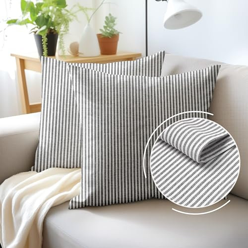 Encasa XO Kissenbezüge 2 Stück (50x50 cm) - Ticking Black - Weiche Baumwolle Leinwand Ungefärbt Rechteckige Kissenbezug Bunte Dekorative für Wohnzimmer Schlafzimmer Sofa Waschbar