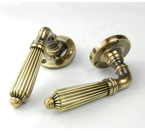 UNDERGROUND PARTS Jones & Grey Regency Reeded Solid Brass Lever Door Handles on Rose - Antique Brass (Latch Lever Handles)