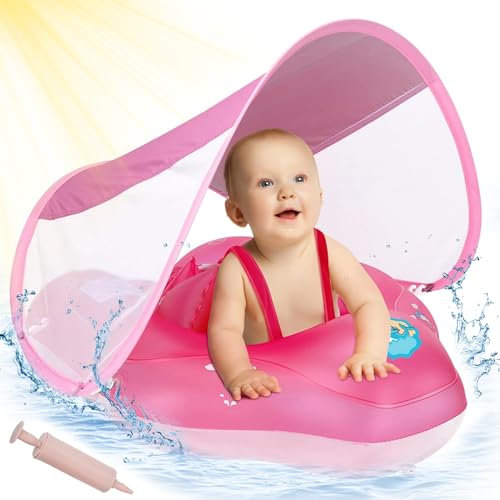 ANSTEN Schwimmring Baby mit Sonnendach Aufblasbare Baby Float Shwimmreifen Baby mit aufblasbarer Schwimmboje,Schwimmtrainer,Schwimmhilfe Spielzeug,Baby Schwimmring ab 3 Monate(Rosarot)