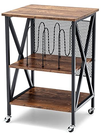 KOMFOTTEU Mesa Auxiliar con Soporte para Tocadiscos, Mesa Lateral de 3 Niveles con Ruedas, Mesita de Tocadiscos Metálica, Estante de Exhibición para Sala de Estar, Dormitorio, 52 x 45 x 75 cm