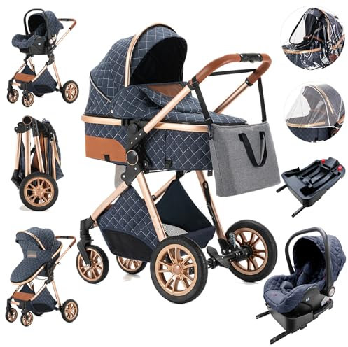 Zkiprm 4-in-1-Kinderwagen mit Isofix Base, Kinderwagen, Kinderwagen und Kinderwagen, kompakter Kinderwagen, tragbar, mit einem Klick, Kombination aus Kinderwagen, Landschaft, Rahmen aus Aluminium