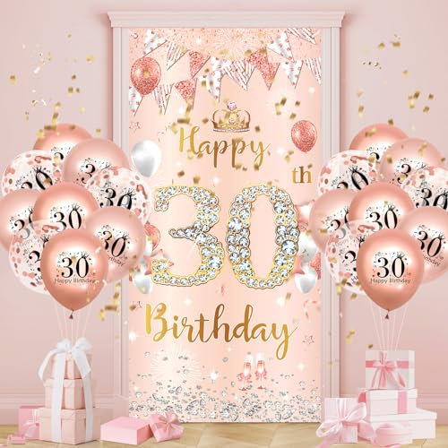 30.Geburtstagsdeko Frauen, Roségold Banner mit Luftballons,30.Geburtstag Dekoration für 30 Jahre Frauen 30th Happy Birthday Geburtstags Türbanner Hintergrund 30. Ballon Jubiläum Geburtstag Party Deko