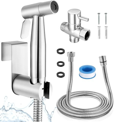 Grifo bidet para wc de acero inoxidable kit completo con manguera flexible extralarga de 3 metros soporte y valvula desviadora