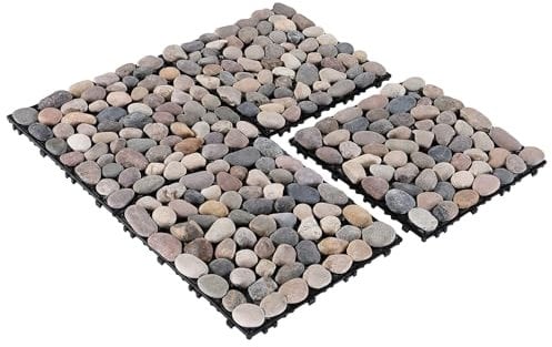 PURE ERA Pebble Interlocking Floor Deck Tiles Polished Real Stone Tile Indoor Outdoor Use 12”x12” (4Pcs, 4 sq. Ft, Natural Pebble)- Great Upgrade to Patio Backyard Pathway