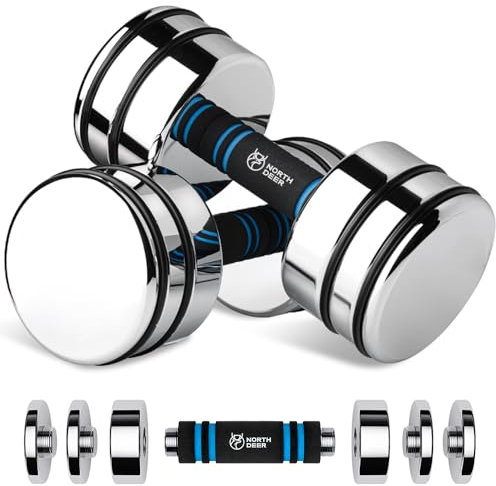 Northdeer Adjustable Dumbbells Set 10kg Pair (5kg/7kg/8kg/10kg) Ultracompact Chrome Dumbbells with Foam Handles Home Gym Workout (2×10kg)