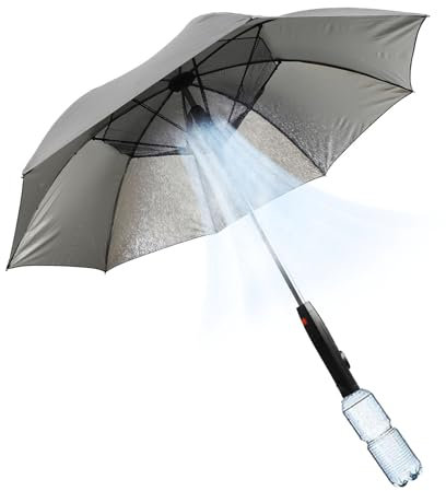 Elprico Umbrella with Fan,3 in 1 UV Blocking Umbrella Fan,Sun Umbrella with Fan and Sprayer,Portable Umbrella with Fan for Summer, Beach, Sports (Silver)