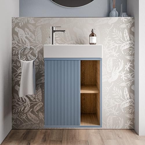BERNSTEIN - Petit meuble vasque suspendu salle de bain MDF lavabo céramique DURAVIT 1 porte charnière à gauche + 2 cases rangement - Bleu Azur mat - 55x24x59cm - BELDIVO