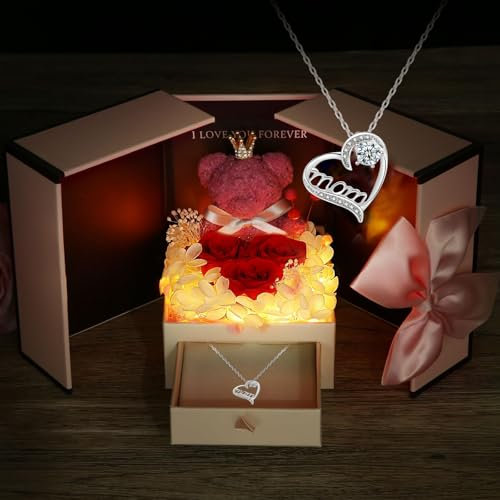 Geschenke für Mama Infinity Rose,Muttertagsgeschenk für Mama, Konservierte Infinity Rosen Blume mit LED-Lichtern,Rosenbär Ewige Rose und Halskette Muttertag Weihnachten Geburtstag Geschenk für Mama.