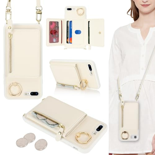 ELTEKER Handyhülle für iPhone 7 Plus/8 Plus Hülle mit Band Kartenfach Geldbörse,Leder Klapphülle Handytasche für iPhone 7 Plus/8 Plus - weiß