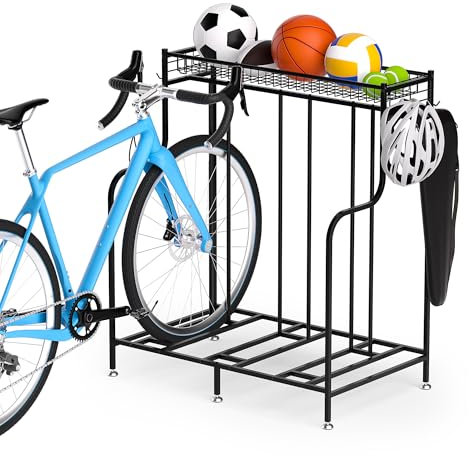 WATSABRO Fahrradständer Boden, Fahrradhalterung Boden mit 3 Fahrradständer Garage Stellplätze, Extra Breiten Korb, 2 Haken, Fahrradständer Bodenparker für Rennrad Ebike Mountainbike Kinderfahrrad