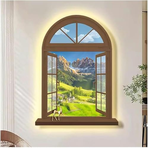 Arte D'arte Da Parete Illuminata In 3D, Sculture Murali Arte Appesa A Parete Con Luce A Led, Finta Vetrata Di Finestra Della Luce Del Sole Sul Paesaggio Della Collina, Decorazioni Lampada Pittura