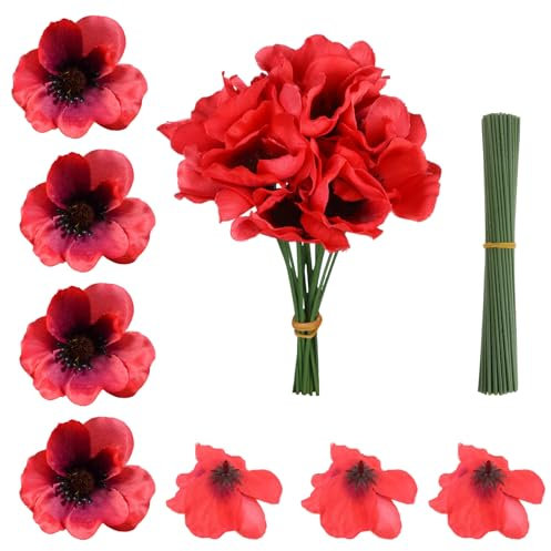 60 flores artificiales de amapolas, flores artificiales de amapola de seda con cabeza de rama, amapolas de maíz rojo sintético, flores artesanales para veteranos, recuerdo, decoración del Día de los
