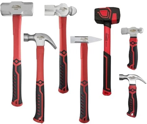 HOUSERAN 7-Pieces Hammer Set, 24 oz Claw Hammer, 12oz Claw Hammers, 13oz Ball Peen Hammers, 2 Lb Ball Peen Hamer, 3 Lb Sledge Hamer, Engineer Hammer, 10oz Rubber Mallet