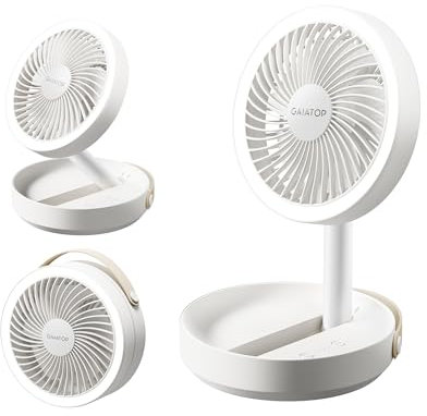Gaiatop Faltbare Tischventilator Tragbarer Ventilator, 6000mAh Akku Ventilator mit Nachtlicht, 17CM USB Ventilator Klein Leise für Schlafzimmer Büro Zuhause, Sommer Camping Reise Gadgets, Weiß