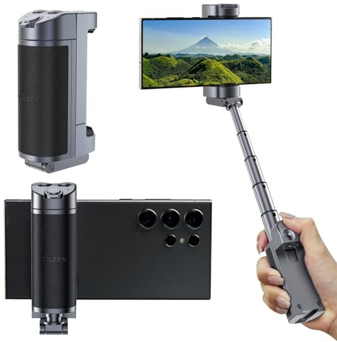 TELESIN Handygriff Halterung mit Bluetooth Fernbedienung | 3-in-1 Handy Handle Grip für Selfie Stick, Smartphone-Aufnahmegriff & Tischständer | Kompatibel mit iPhone/Android (Ausziehbar 30cm)