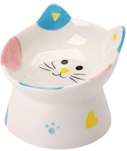 Ceramic Cat Feeder, Elevated Cat Feeding Bowls with Stand Tilted, Neck Protective for Pets 15° Tilted Raised Feeder, Backflow Prevention Dog Water Bowl (White Blue)