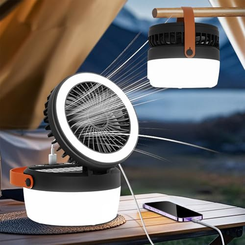 Robofun LED Campinglampe Solar, Camping Laternen Dimmbar Mit Lüfter 4 Leuchtmodi | 3 Windgeschwindigkeiten für Camping, Abenteuer, Angeln, Blackout Notfallausrüstung-Schwarz