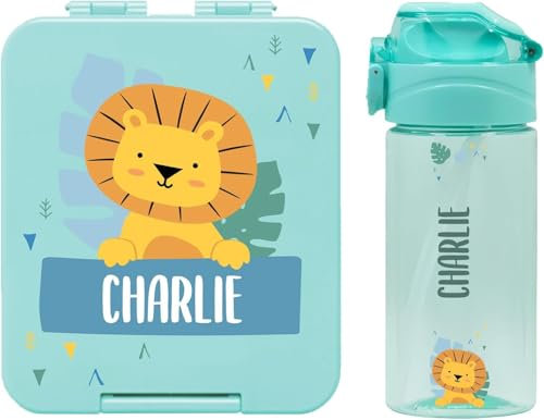 bienpegado – Set con botella personalizada para niños y fiambrera infantil con nombre de plástico – Botella con pajita de 450 ml – 100% libres de BPA (Verde claro)