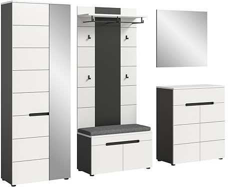 xonox.home - Garderobenkombination Canu 6tlg. 255x190x37 cm in Korpus Basalt grau Nb., Front weiß Nb. - Garderobenschrank Garderobenmöbel Flurmöbel-Set Flursystem Stauraumlösung