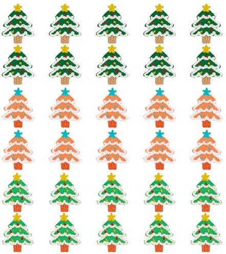MAYJOYDIY 30 Stück Weihnachtsbaum Häkeln Applikationen 3 Farben Weihnachtsbaum gestickte Patches 5.2x4cm Urlaub Schmuckstücke für Kleidung, Jacken, Rucksäcke