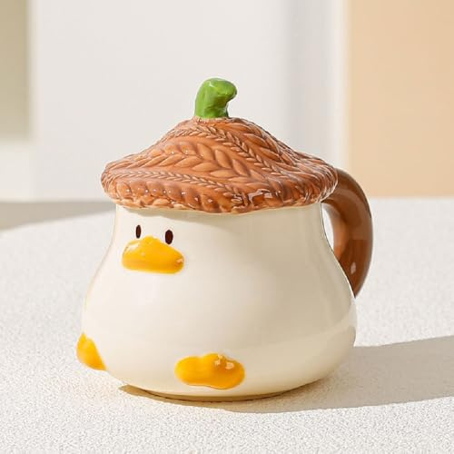 VollfitYYu Süße Kaffeetasse Cartoon 3D Ente Kaffeebecher mit Deckel niedliche Keramiktasse Tetasse Milchbecher mit Henkel für Frauen Mädchen Freundin Männer Kollegin (Braun)