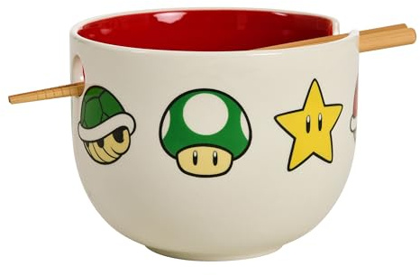 Elbenwald Ramen Schale mit Essstäbdchen - verschiedene Motive 500 ml Keramik und Bambus (Super Mario)