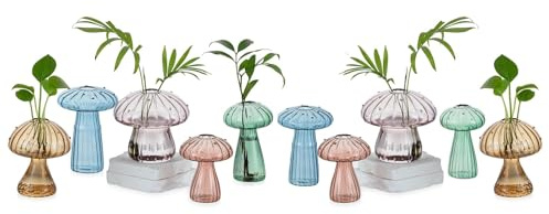 Glasseam Pilz-Anzuchtvasen für Pflanzen: Farbige, mundgeblasene Glas-Anzuchtstationen für Pothos-Kräuterstecklinge – kleine Hydrokultur-Terrariengläser für Heimdekoration – Geschenke für Frauen (10
