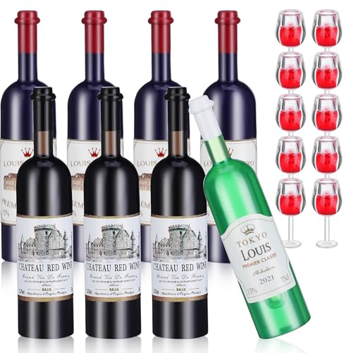 TOYANDONA Ensemble Mini Bouteilles de Vin Plastique 8 Pièces 10 Verres à Vin Miniatures pour Maison de Poupée, Accessoires Décoratifs Réalistes pour Jeu D’Imitation et Réutilisable