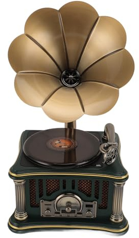 FAUOSWUK Haut-Parleur Bluetooth Gramophone Vintage, Conception de Platine Rétro, Haut-parleurs Double Haute fidélité, Radio FM, Bluetooth 5.0 sans Fil (Verte)