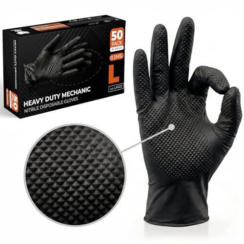The Real Touch Nitrile Gloves, 500 Count, Heavy-Duty Disposable Mechanic Gloves, Diamond Textured, Latex & Powder-Free, Non-Slip, Extra Thick, Ideal for Automotive, Industrial Task (Black - 500, L)