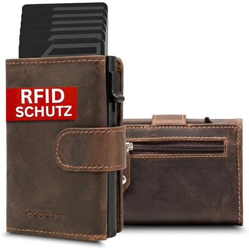Cocoono Geldbörse Herren, Slim Wallet Geldbeutel mit Münzfach & RFID Schutz, Leder Portmonee, 10 Fächer für Kreditkarten, Kartenetui Herren (Hunter-Leder, Braun)