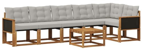 vidaXL Outdoor-Sofagarnitur mit Kissen 7 pcs Natürlich und Hellgrau, Garten, modernes Sofa-Set, langlebige Möbel für draußen, stilvolle Lounge, entspannen am Pool