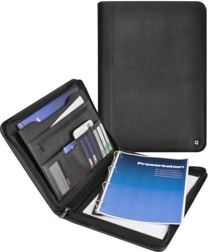 DESQ Porte-document de conférencé A4 3681 - Avec classeur à anneaux de 25 mm, Fermeture éclair, 5 pochettes, 8 fentes, Espace de rangement supplémentaire, Bloc-notes inclus, Noir, Dutch Design