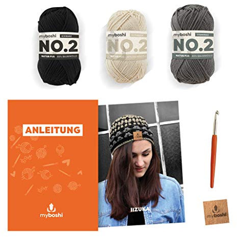 myboshi Häkelset Iizuka, inkl. No.2 Wolle, Nadel und Anleitung, Sommermütze, Häkelpaket, 85% Baumwolle, 15% Kapok Schwarz, mit Häkelnadel