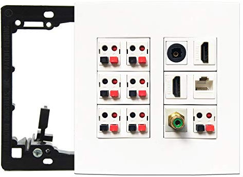 diyTech Premium Speaker Wall Plate, 7 Speaker, 2 HDMI, 1 Toslink Fiber Optic Audio, 1 RCA Subwoofer, 1 Ethernet Cat6 RJ45, Supports 5.1 and 7.1 Configurations, 2 Gang Screwless - White (7.1 Speaker)