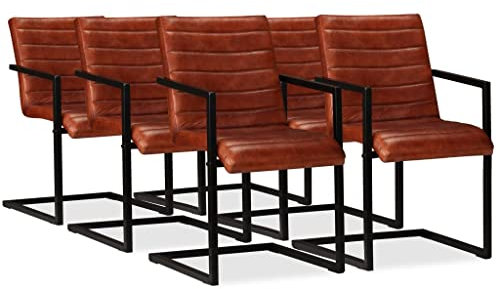vidaXL Esszimmerstühle 6 STK., Freischwinger mit Armlehnen, Schwingstuhl Stahlrahmen, Esszimmerstuhl Essstuhl Küchenstuhl Stuhl, Retro-Design, Echtleder Braun