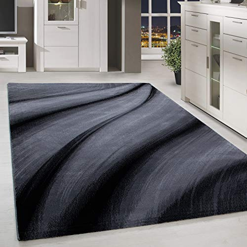 HomebyHome Kurzflor Teppich 160x230 cm, Modern Abstrakt Wellen Design in Schwarz Grau, Pflegeleicht, ideal für Wohnzimmer, Esszimmer oder Schlafzimmer