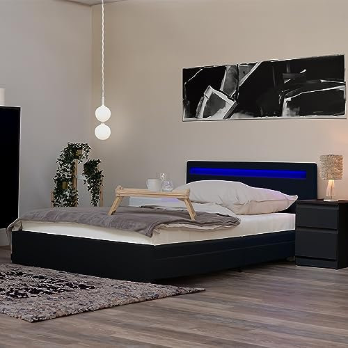 Home Deluxe - LED Bett NUBE - Schwarz, 180 x 200 cm - inkl. Schubladen und Lattenrost I Polsterbett Design Bett inkl. Beleuchtung