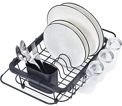 Kingrack Dish Sink Drainer, Dish Drying Rack Over Sink, Extendable Dish Drainer Black With Removable Cutlery Holder, Glass Holder,Dish Rack in Sink or On Counter, Plate Rack Drainer for Kitchen, Black