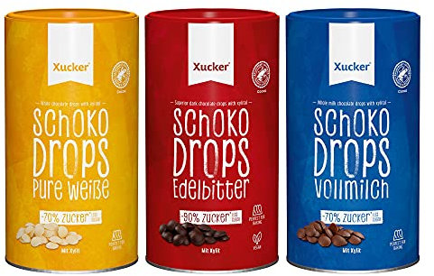 Xucker Schoko-Drops 3 Sorten Set – 3x 750g Chocolate in Edelbitter, Vollmilch und weißer Schokolade Xylit-Schoko zuckerreduziert, vegan