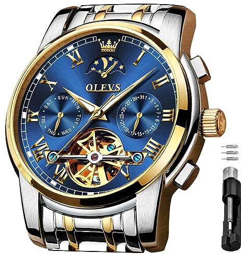 OLEVS Men's Automatic Mechanical Watches Luxury Dress Waterproof Self Winding Moon Phase Chronograph Stainless Steel Luminous Date Tourbillon Wristwatch for Men